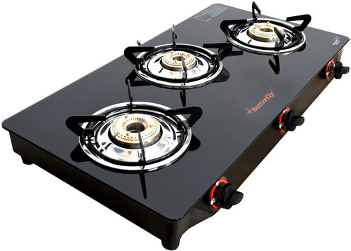 BUTTERFLY GLASS TOP TRIO  3 BUR  GAS STOVE