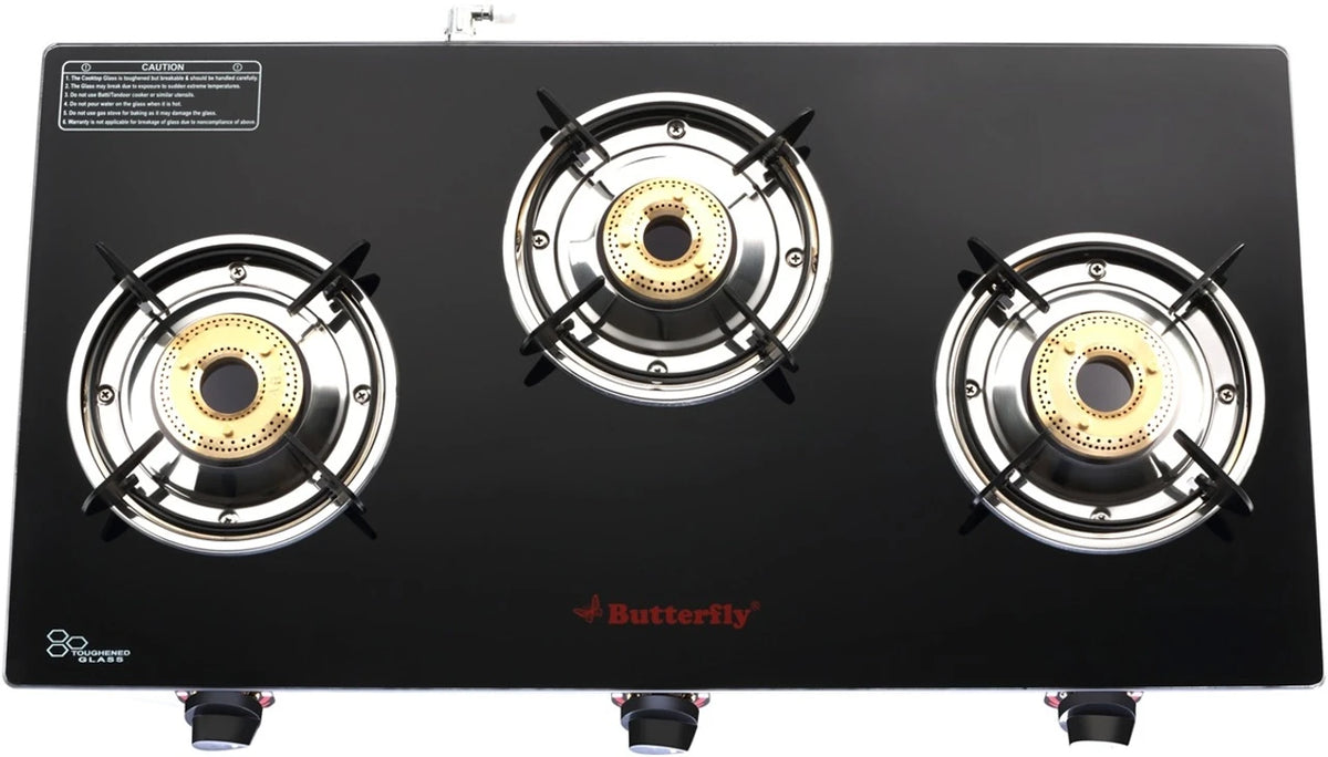 BUTTERFLY GLASS TOP TRIO  3 BUR  GAS STOVE