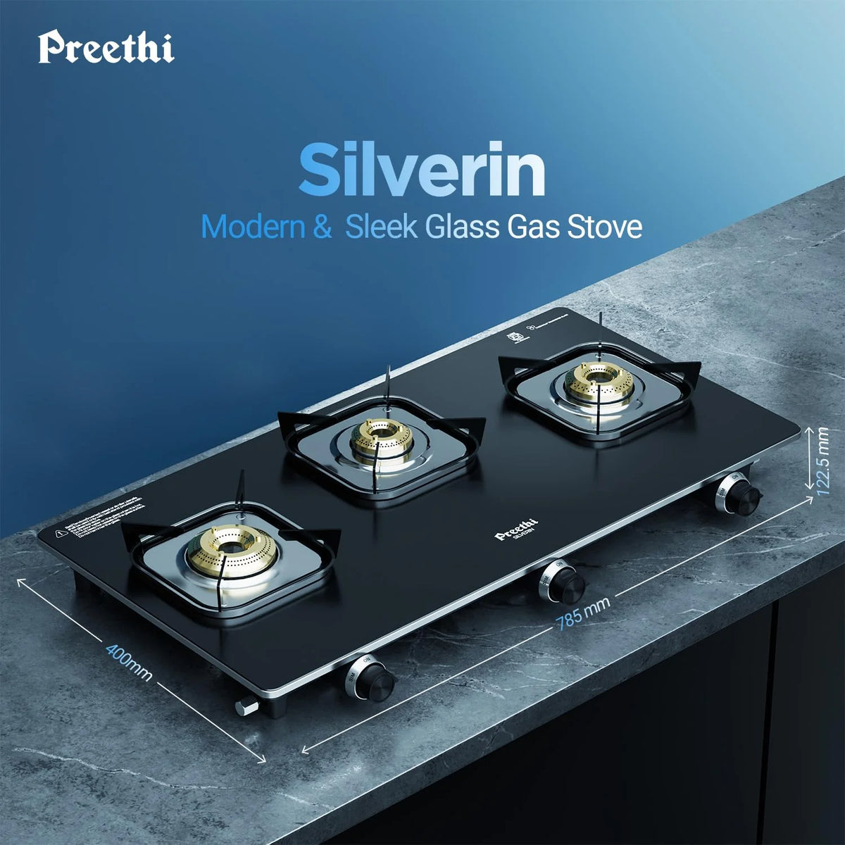 PREETHI SILVERIN  GLASS TOP 3 BUR