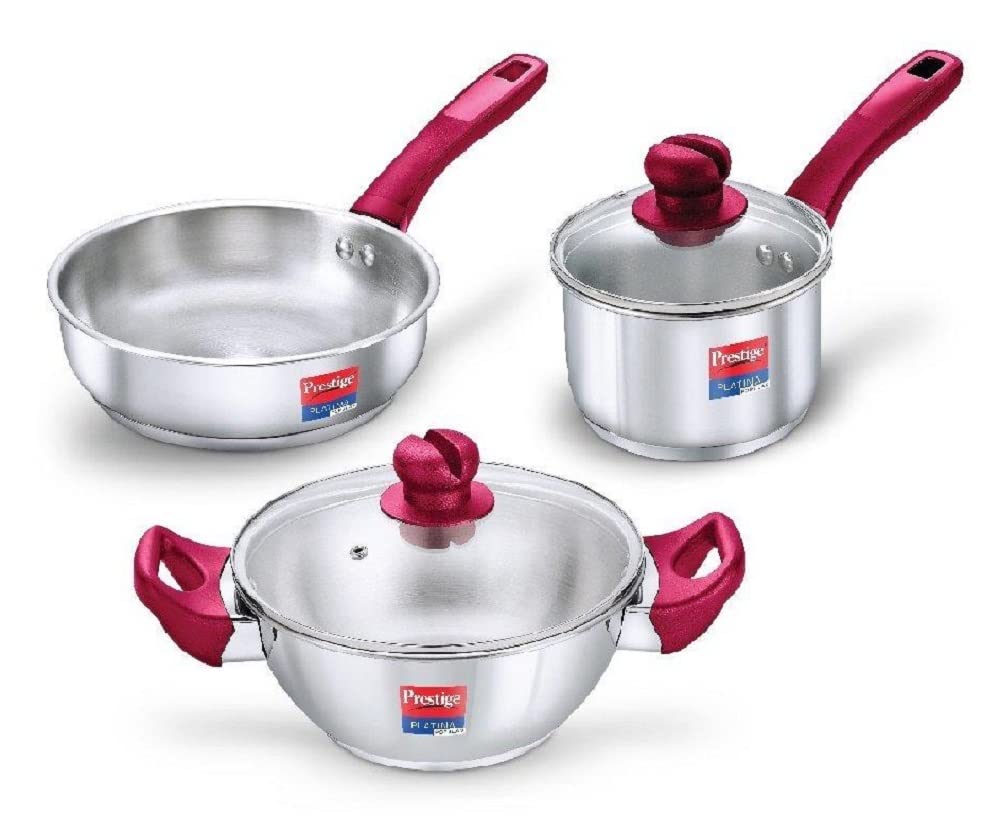PRESTIGE Prestige Stainless Steel 3 Pc Cookware Set with 2 Glass Lids | FRY PAN,KADAI,SASPAN-3 PCS SET