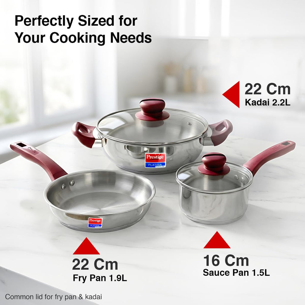 PRESTIGE Prestige Stainless Steel 3 Pc Cookware Set with 2 Glass Lids | FRY PAN,KADAI,SASPAN-3 PCS SET