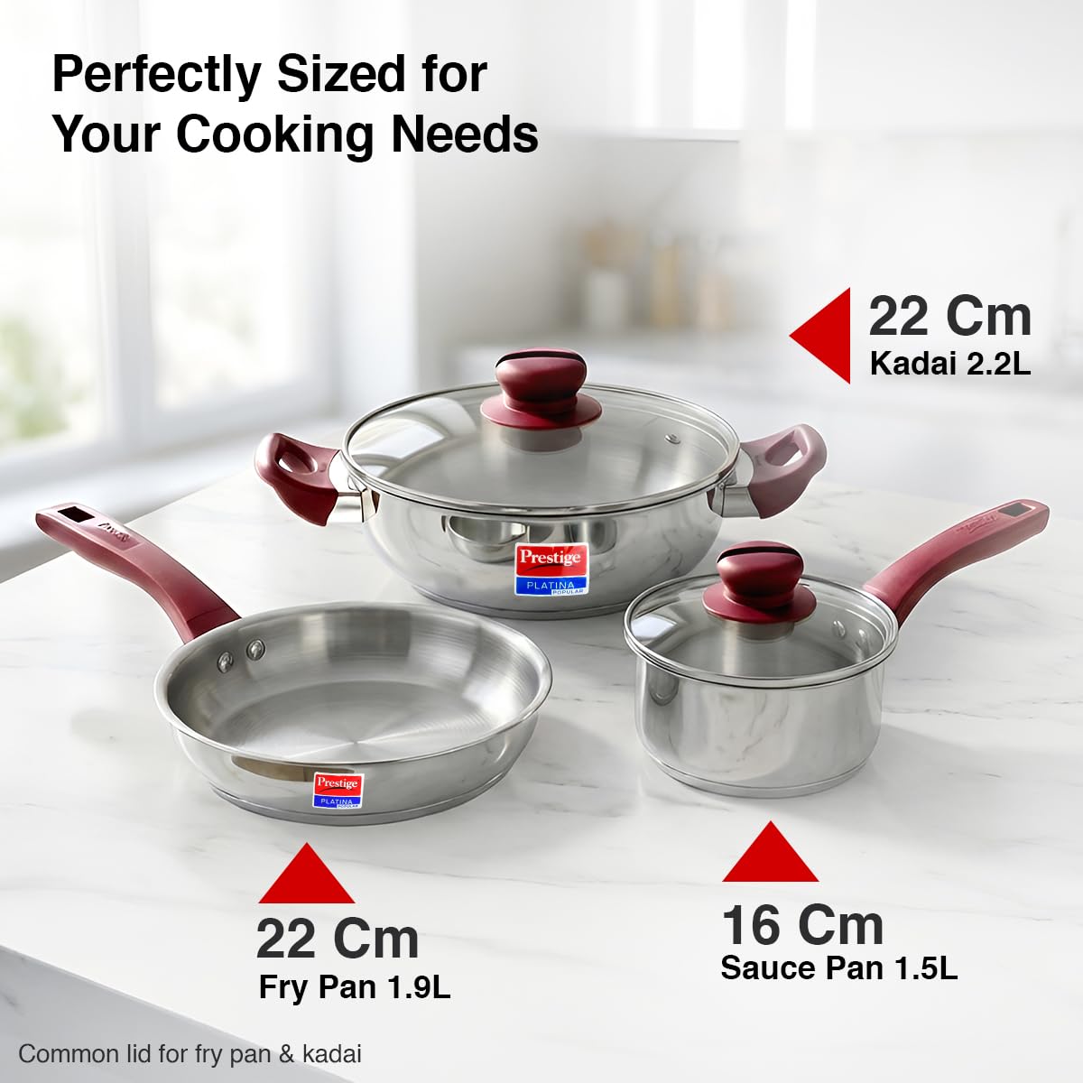 PRESTIGE Prestige Stainless Steel 3 Pc Cookware Set with 2 Glass Lids | FRY PAN,KADAI,SASPAN-3 PCS SET