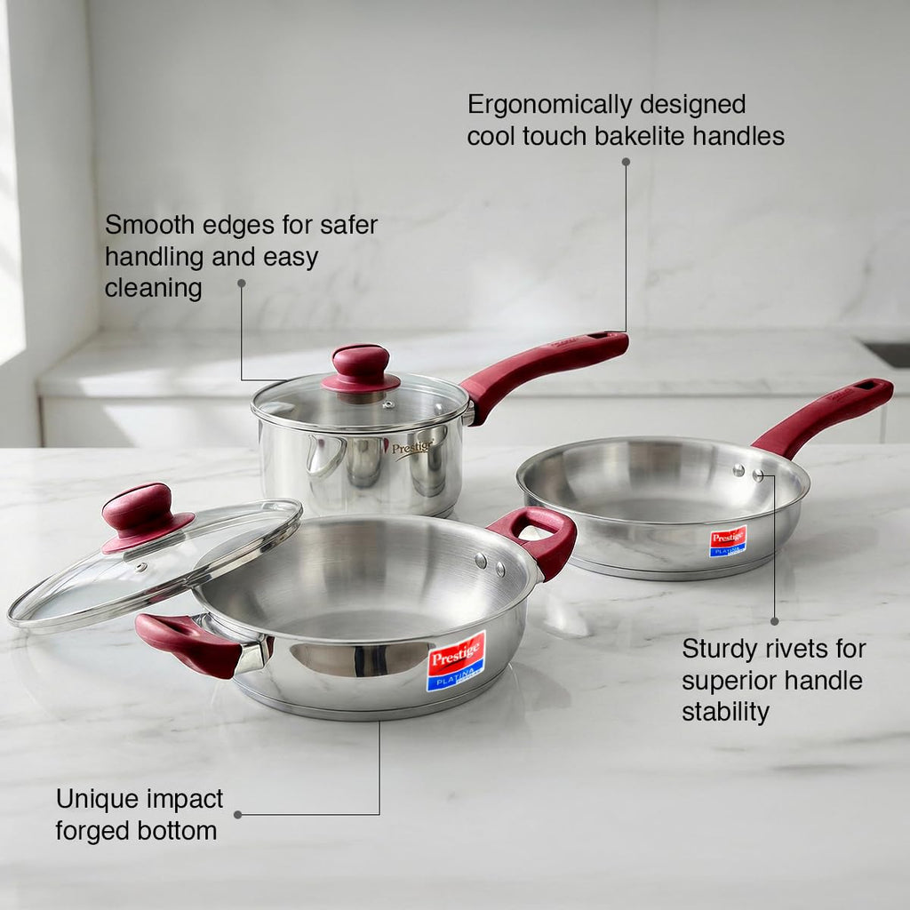 PRESTIGE Prestige Stainless Steel 3 Pc Cookware Set with 2 Glass Lids | FRY PAN,KADAI,SASPAN-3 PCS SET