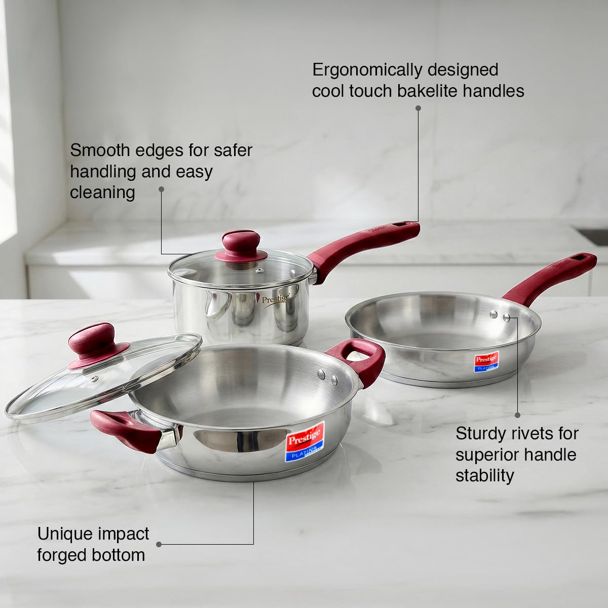 PRESTIGE Prestige Stainless Steel 3 Pc Cookware Set with 2 Glass Lids | FRY PAN,KADAI,SASPAN-3 PCS SET