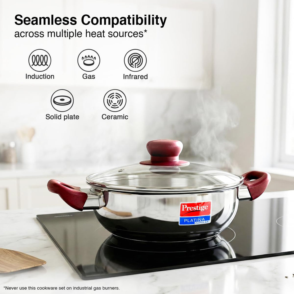 PRESTIGE Prestige Stainless Steel 3 Pc Cookware Set with 2 Glass Lids | FRY PAN,KADAI,SASPAN-3 PCS SET