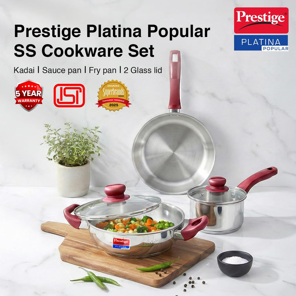 PRESTIGE Prestige Stainless Steel 3 Pc Cookware Set with 2 Glass Lids | FRY PAN,KADAI,SASPAN-3 PCS SET