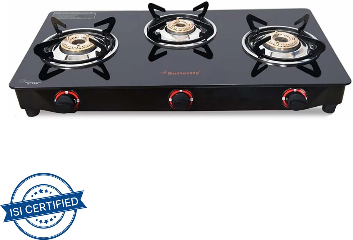 BUTTERFLY GLASS TOP TRIO  3 BUR  GAS STOVE